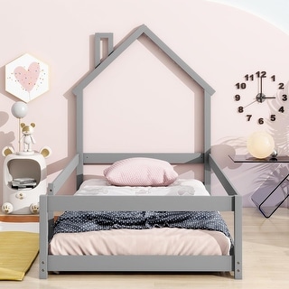 Twin Size House-Shaped Headboard Floor Bed with Fences