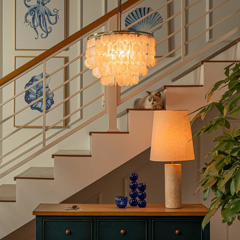 3/6-Lights Unique Tiered Bronze Capiz Chandelier with Seashell Accents