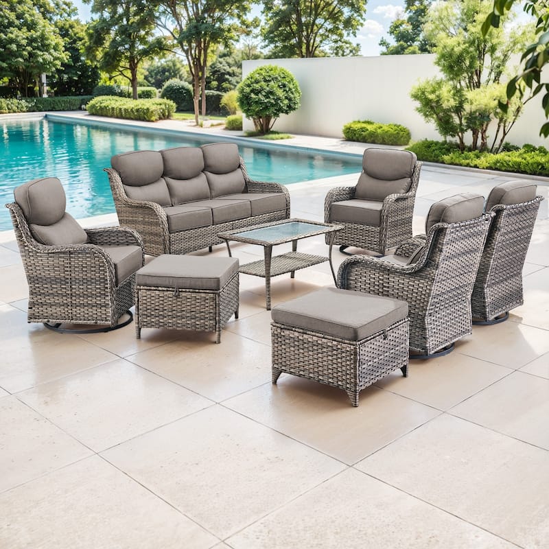 Gymojoy 8-Piece Patio Furniture Set with Swivel Glider Chairs, 6-Inch Ultra-Plush Cushions & Water-Resistant Olefin Fabric