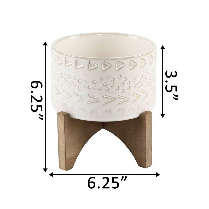 Mid-Century Modern Planter 5" Caveman Ceramic Planter on Wood Stand