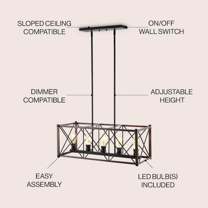 Ferme 30" 5-Light Adjustable Iron Farmhouse Industrial LED Dimmable Pendant, Oil Rubbed Bronze by JONATHAN Y