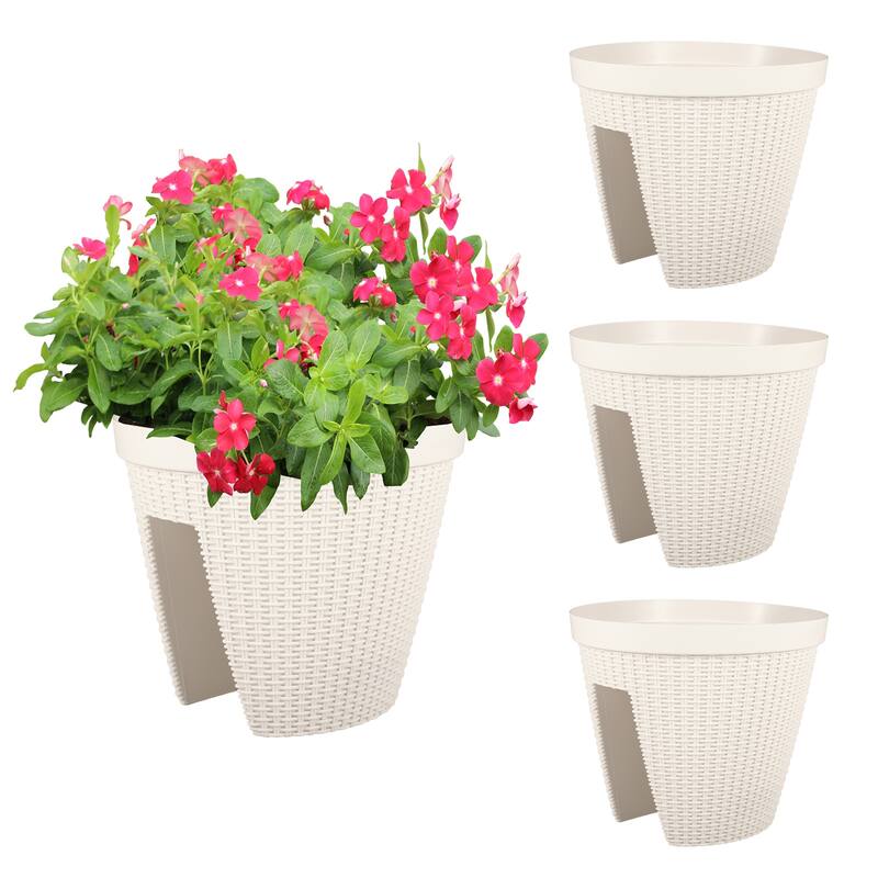 Aoodor 12'' Balcony Rattan Pattern Railing Planter Box with Drainage Holes and Adjustable Brackets-Set of 4 - 12''×11'' - White