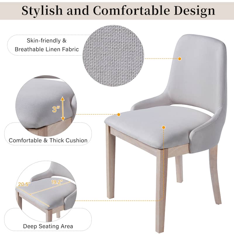 Wooden Dining Chairs Set of 2, Linen Upholstered Accent Kitchen Chair Dining Room Chairs, Farmhouse Style Dining Chair