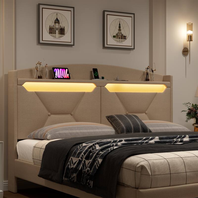 Beige Queen Size Platform Bed Frame with Storage Headboard and Drawers