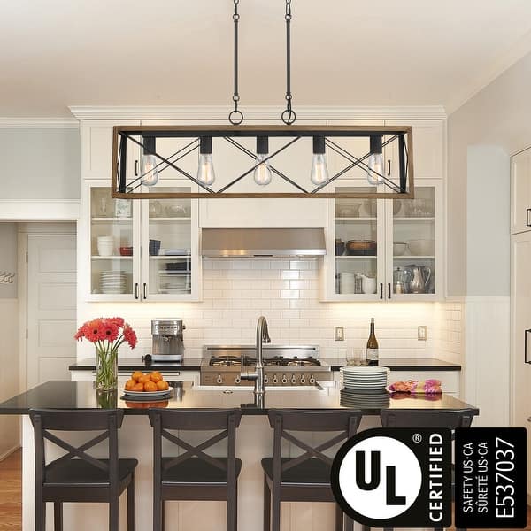 slide 2 of 70, Kiro 5-light Farmhouse Linear Chandelier Faux Wood Dining Lighting with UL Certified - 36''