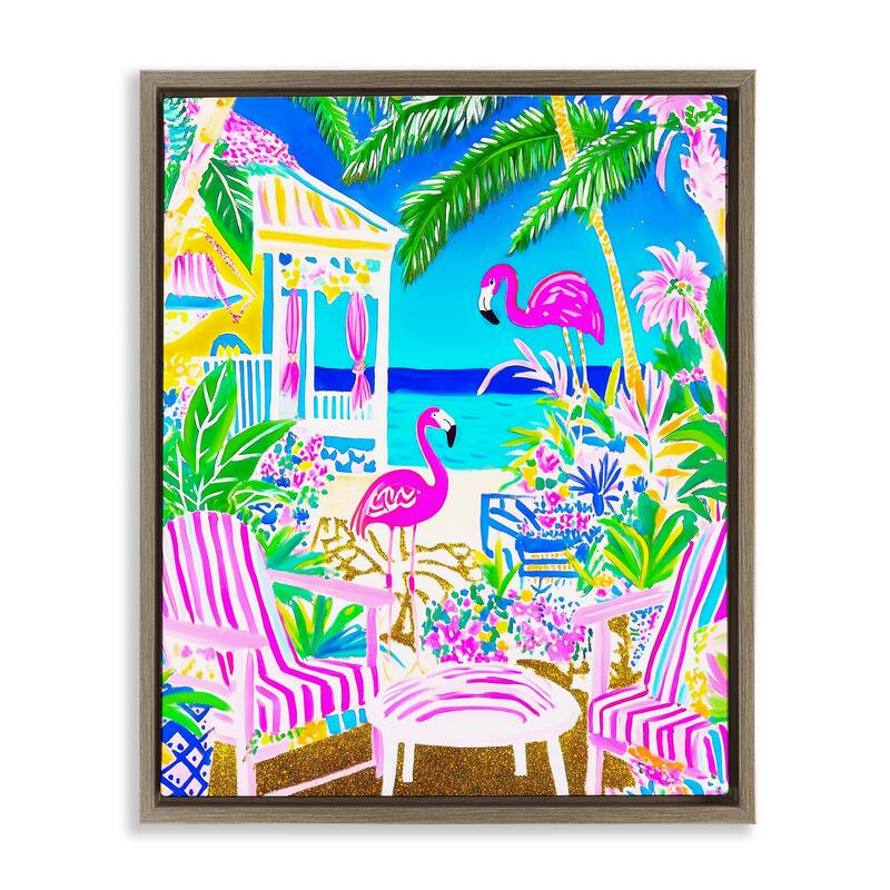 Stupell Vivid Flamingos on Tropical Beach Framed Floater Canvas Wall Art Design By Jess Stempel - 17 x 21 - Brown