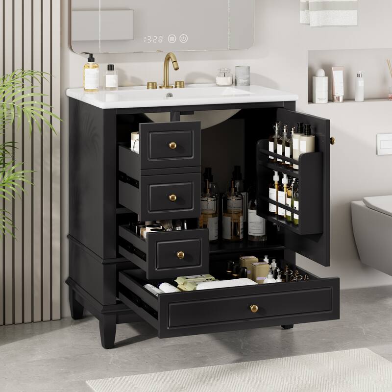 30" Bathroom Vanity with Sink - Soft Close Door, 3 Drawers & Storage Shelf, Modern Single Basin Cabinet - Black