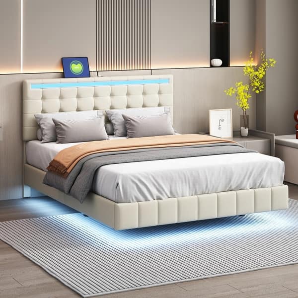 slide 2 of 28, Floating Bed Frame with LED Lights and USB Charging, Beige