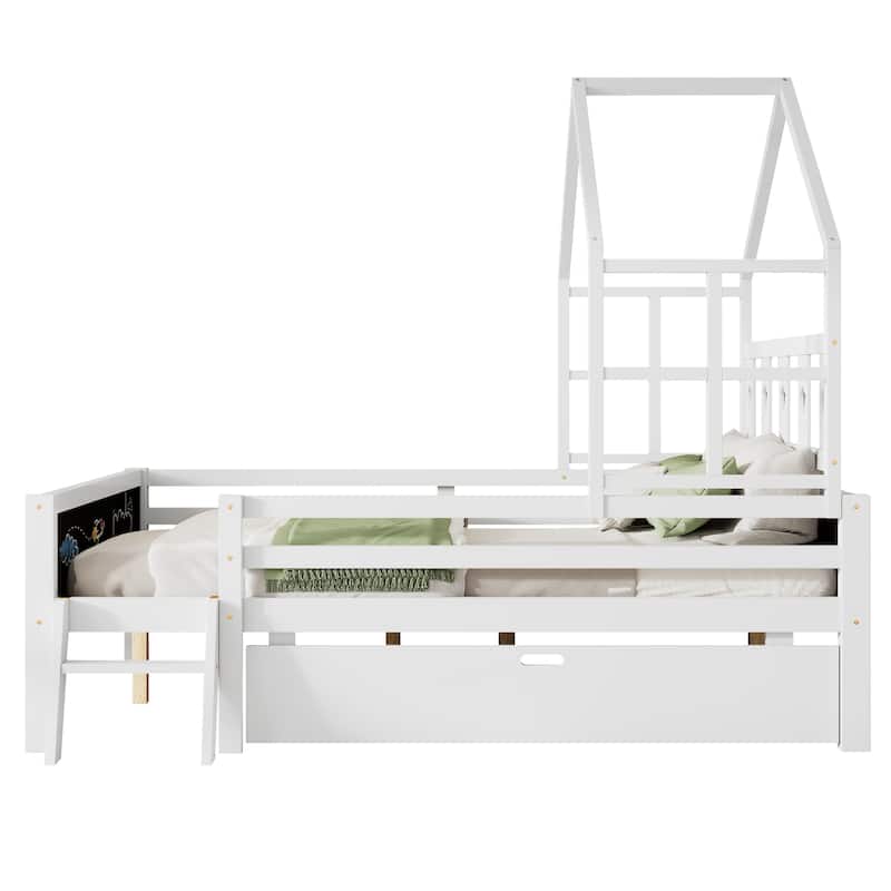 Wooden Twin/Full Size House Platform Bed with Ladder and Storage Drawers, Solid Pined Playhouse Bedframe with 2 Blackboard