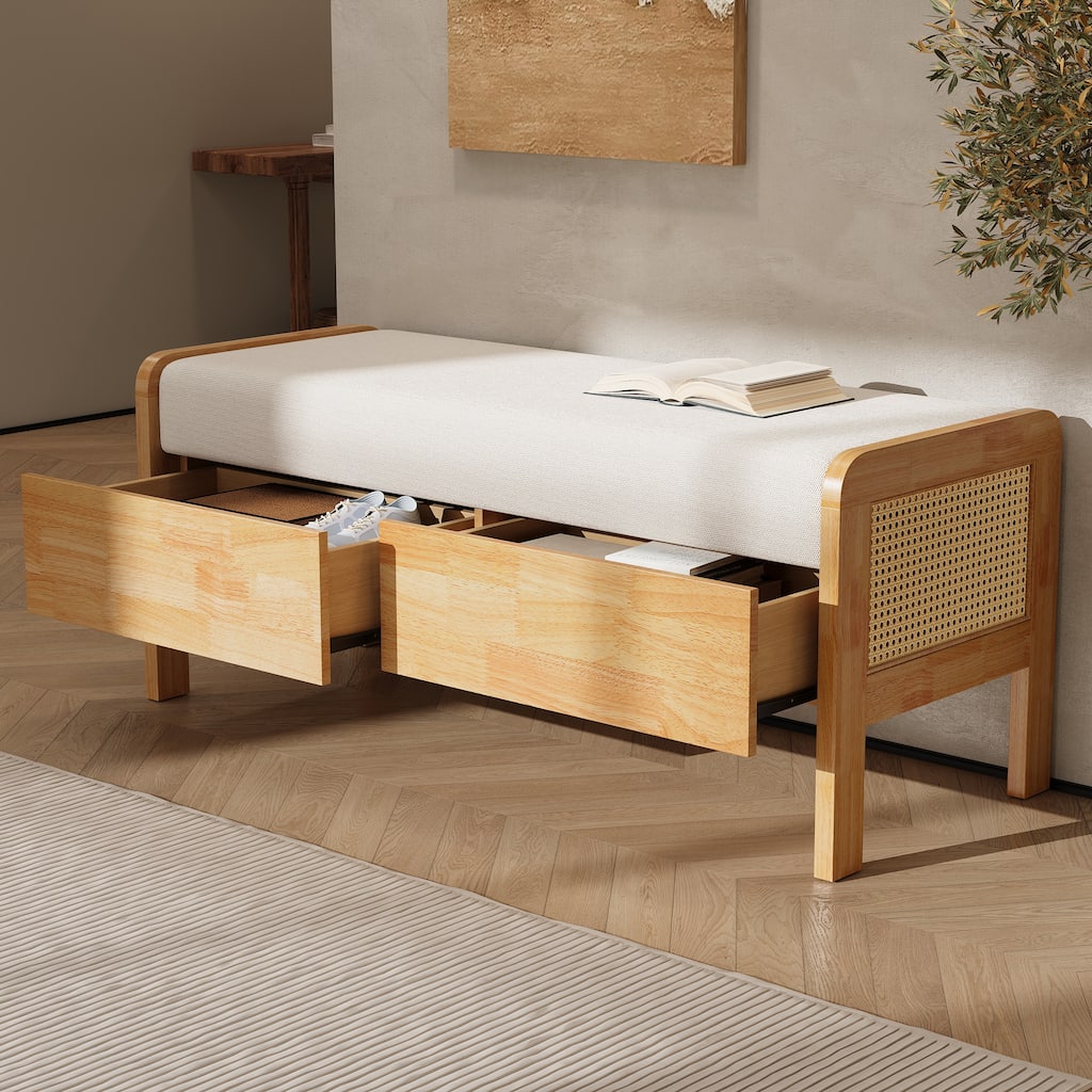 Christopher Knight Home - Soft Cushion Oak Beige Upholstered Storage Ottoman Bench with Rattan Sides and Wooden Legs