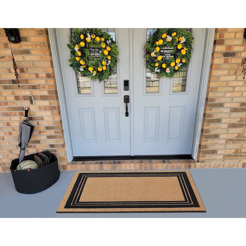 A1HC Classic Border Entrance Door Mats, Durable Large Outdoor Rug, Non-Slip, Flock Doormat Black/Beige
