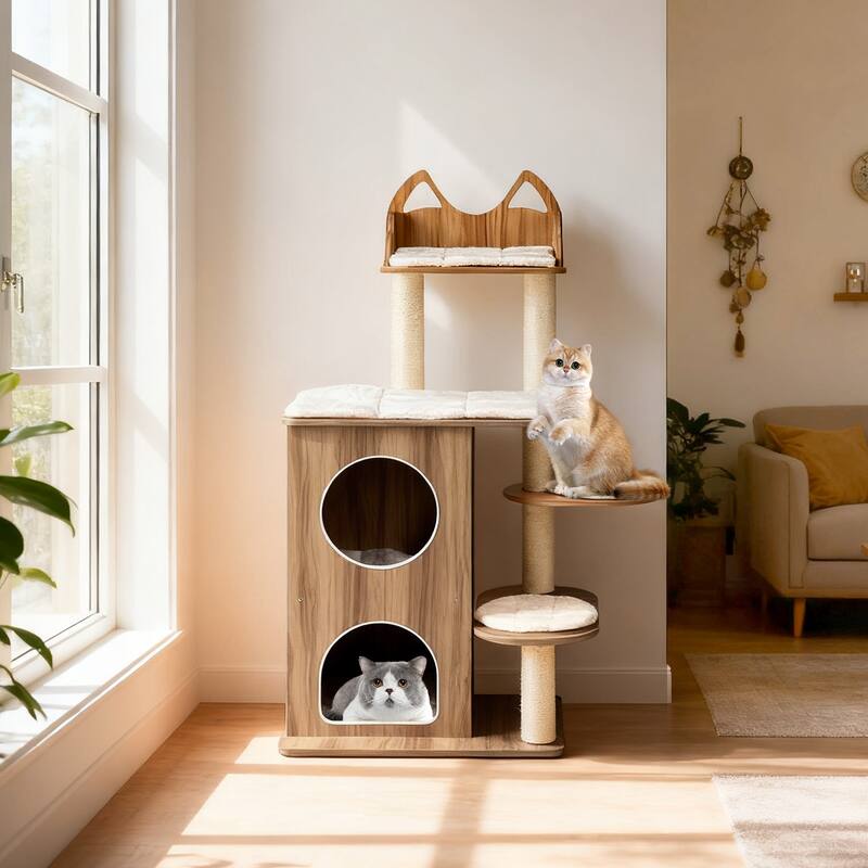 Gymax Wooden Cat Tree 48'' Cat Tower for Indoor Cats w/ 2-floor Condo