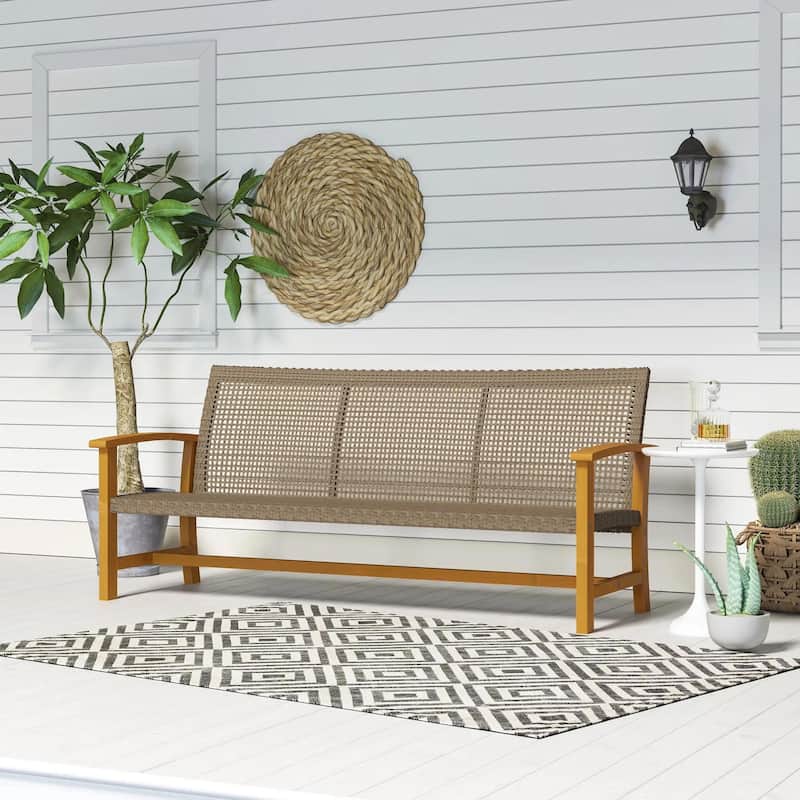 3-Seat Patio Wicker Sofa, Acacia Wood, Steel Armrests, 1000lb Capacity - Teak