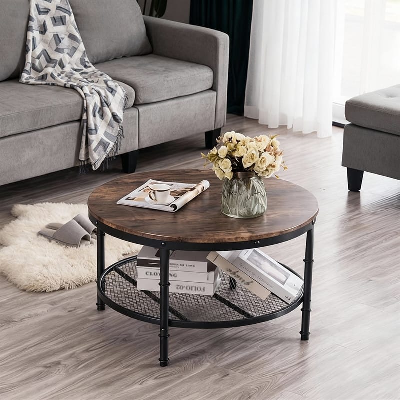 31.89in Double-layer Round Brown PVC Density Board Panel Black Base with Silver Pattern Powder-coated Iron Frame Coffee Table