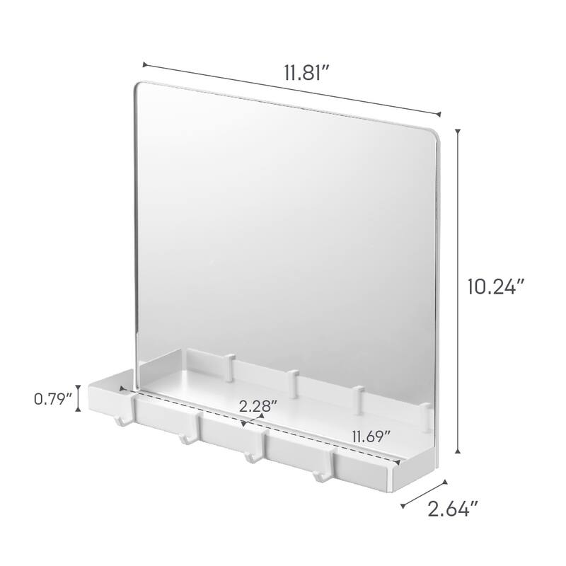 Yamazaki Home Magnetic Mirror with Storage Rack, Glass, Holds 5.5 lbs - L 2.64 x W 11.81 x H 10.24 inches