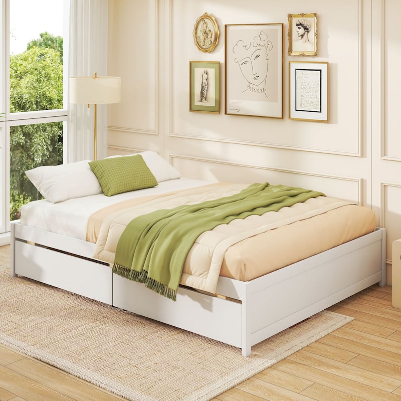 Full Size Wooden Platform Bed Frame with Storage Drawers Solid Wood Slatted Captain Bed No Box Spring Needed