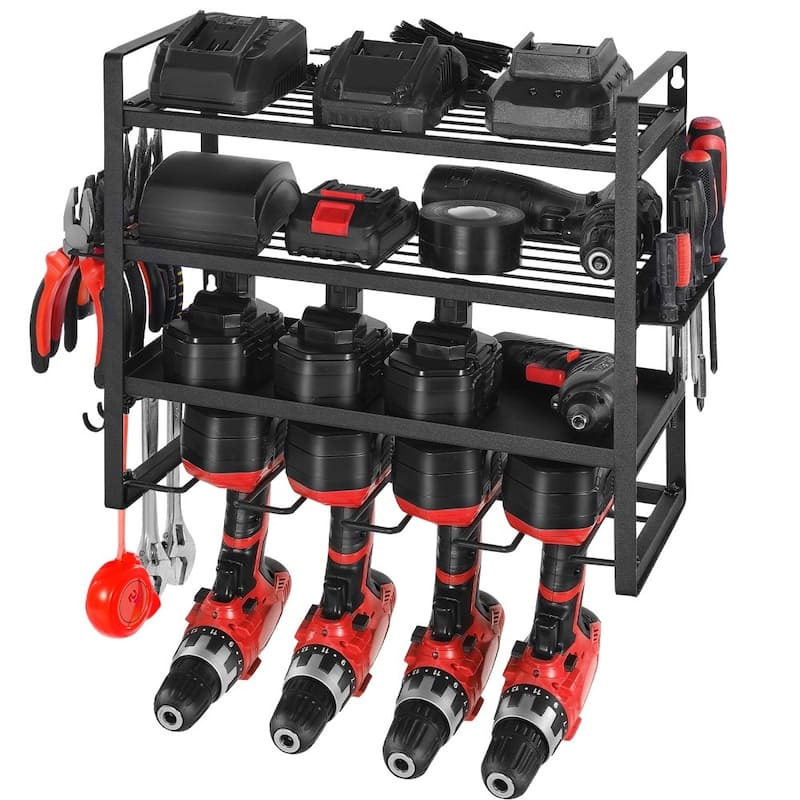 4-Tier Black Wall-Mounted Power Tool Rack with Drill Slots Shelves and Hooks for Garage Storage - 19.29” x 7.87” x 14.57”