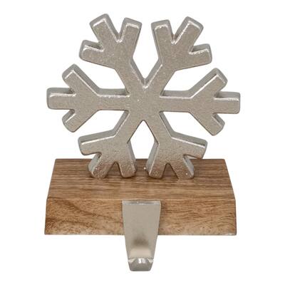 6.25" Silver Snowflake with Wood Finish Base Christmas Stocking Holder