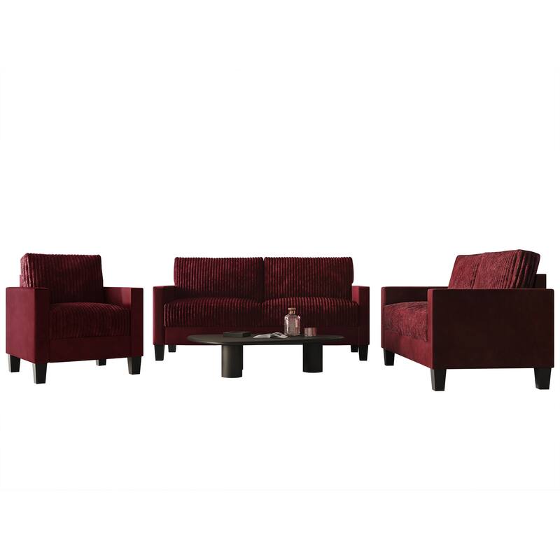 CraftPorch Corduroy Mid-Century Modern Velvet Upholstered 3-Piece Living Room Set - Red