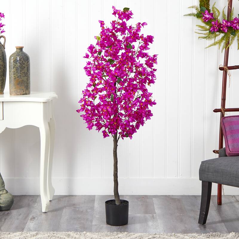 5' Purple Bougainvillea Artificial Potted Tree with Black Pot