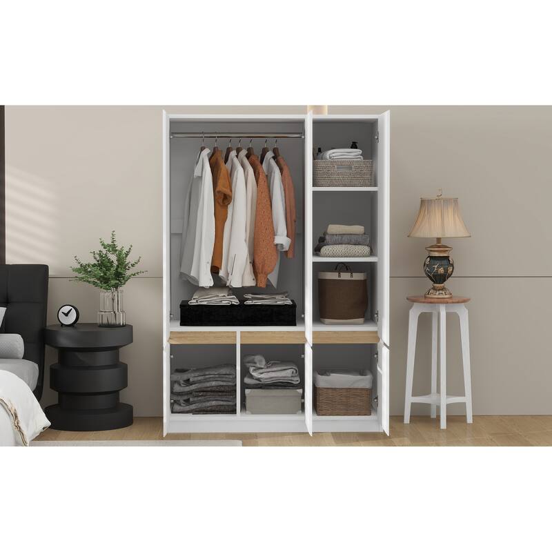 6-Doors Wooden Wardrobe Storage Armoire with Built-in Hanging Rail Clothes Storage Cabinet for Bedroom