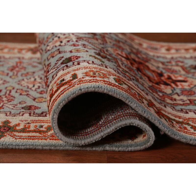 Hand Knotted Oriental 100% Wool Carpet Traditional Geometric Navy Blue & Blues Heriz (serapi) Runner Rug - 8' 4'' X 2' 6''