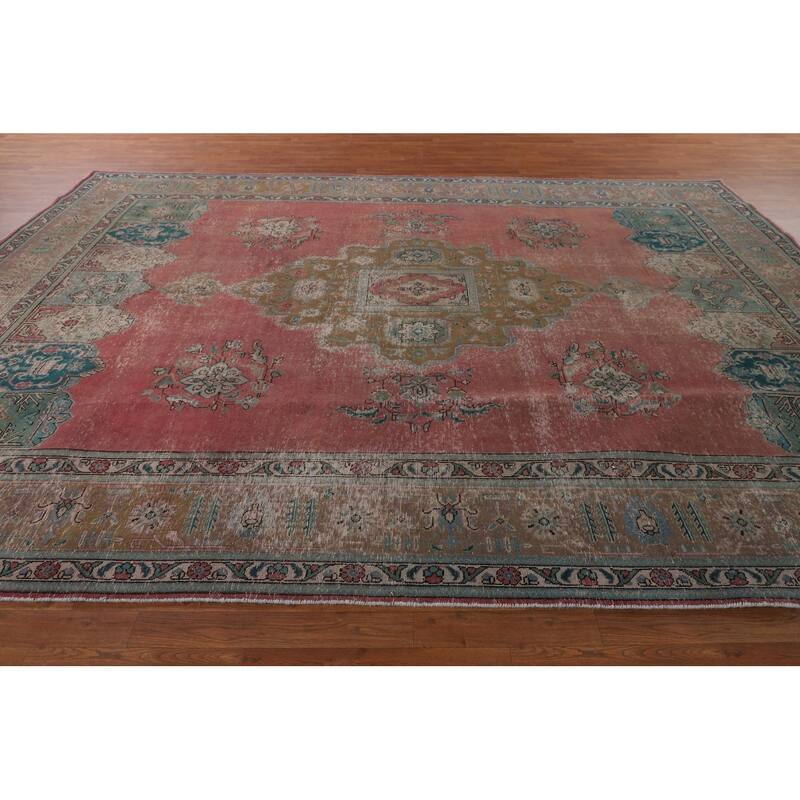Pink Distressed Tabriz Persian Antique Rug Hand-Knotted Wool Carpet - 9'6" x 12'8"
