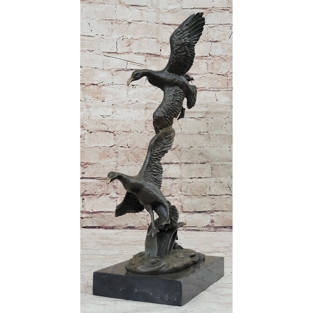 Flying Ducks Family Water Birds Bronze Statue Sculpture Figure Marble Base 17 Inches X 15 Inches