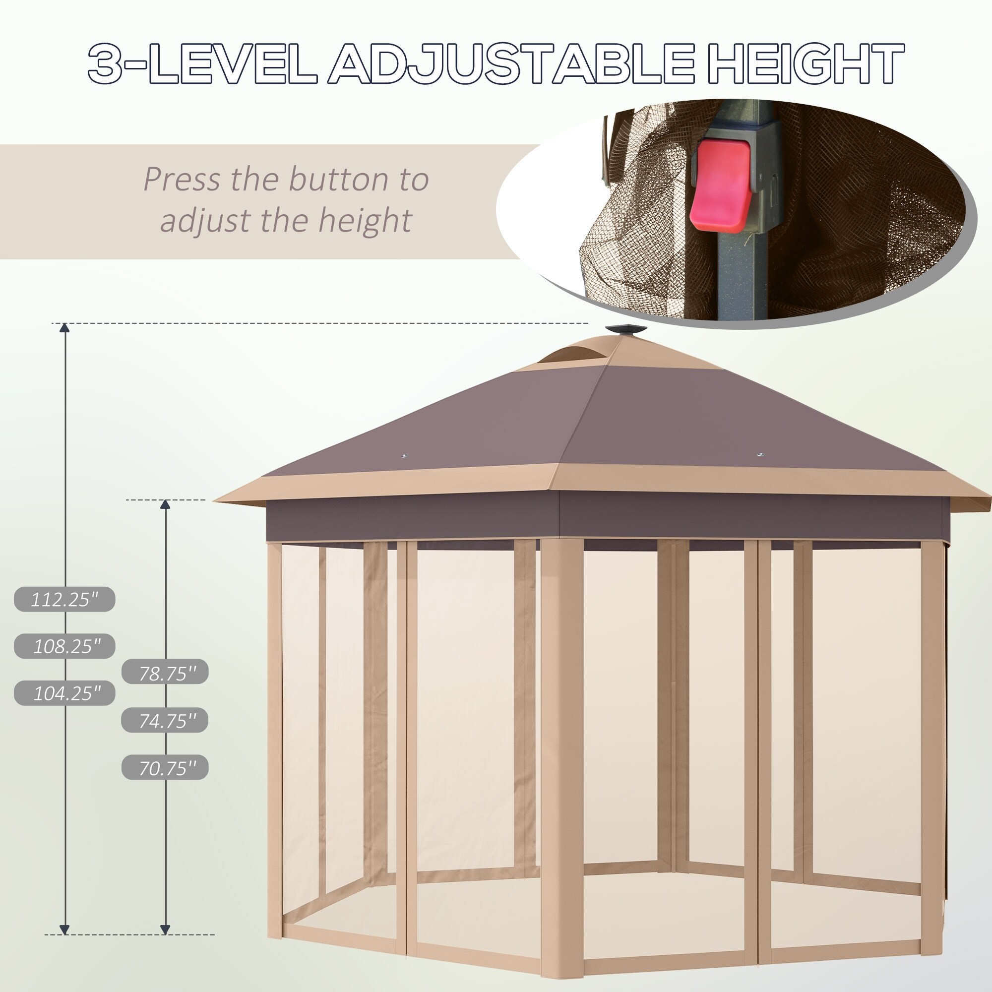 Outsunny 13 x 11 Pop Up Gazebo Tent Hexagonal Canopy w Solar LED Light Remote Control Mesh Netting Height Adjustable Beige