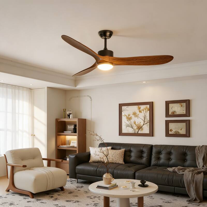 52/60/66 Inch Downrod Ceiling Fan with Light,Plywood Blades,Reversible DC Motor - 60"-Black with Brown