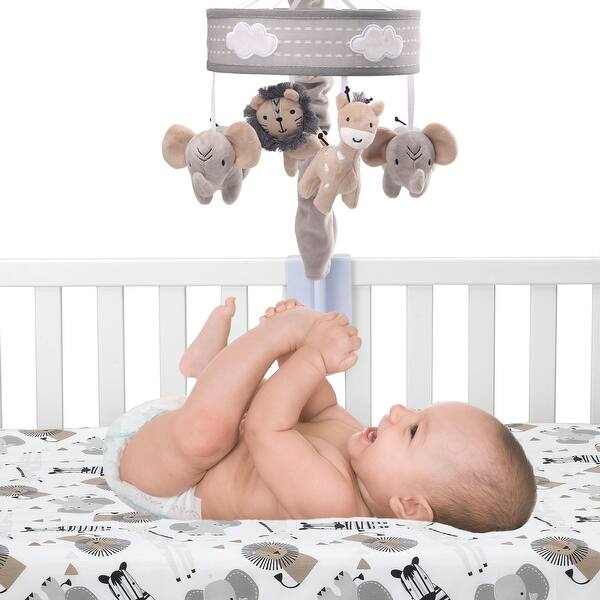 Lambs Ivy Jungle Safari Gray Elephant Lion Giraffe Musical Baby Crib Mobile Toy Overstock