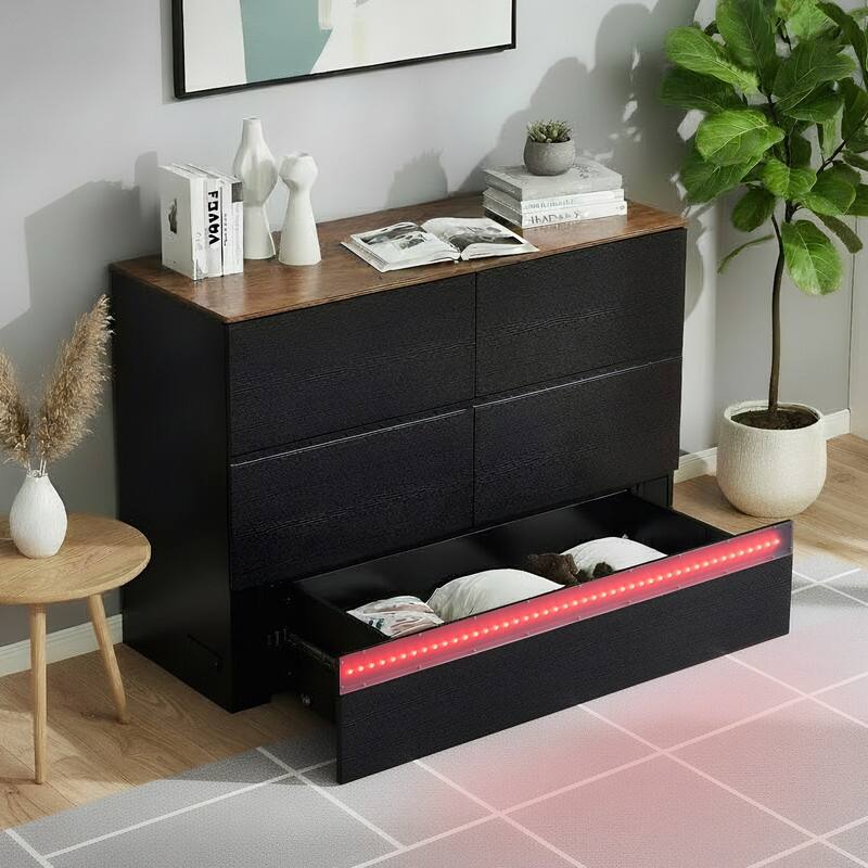 Murphy Bed with Storage Drawer,Smart LED Lighting & Built-in Charging Station, Space-Saving Cabinet Bed for Kids,Adults,Black