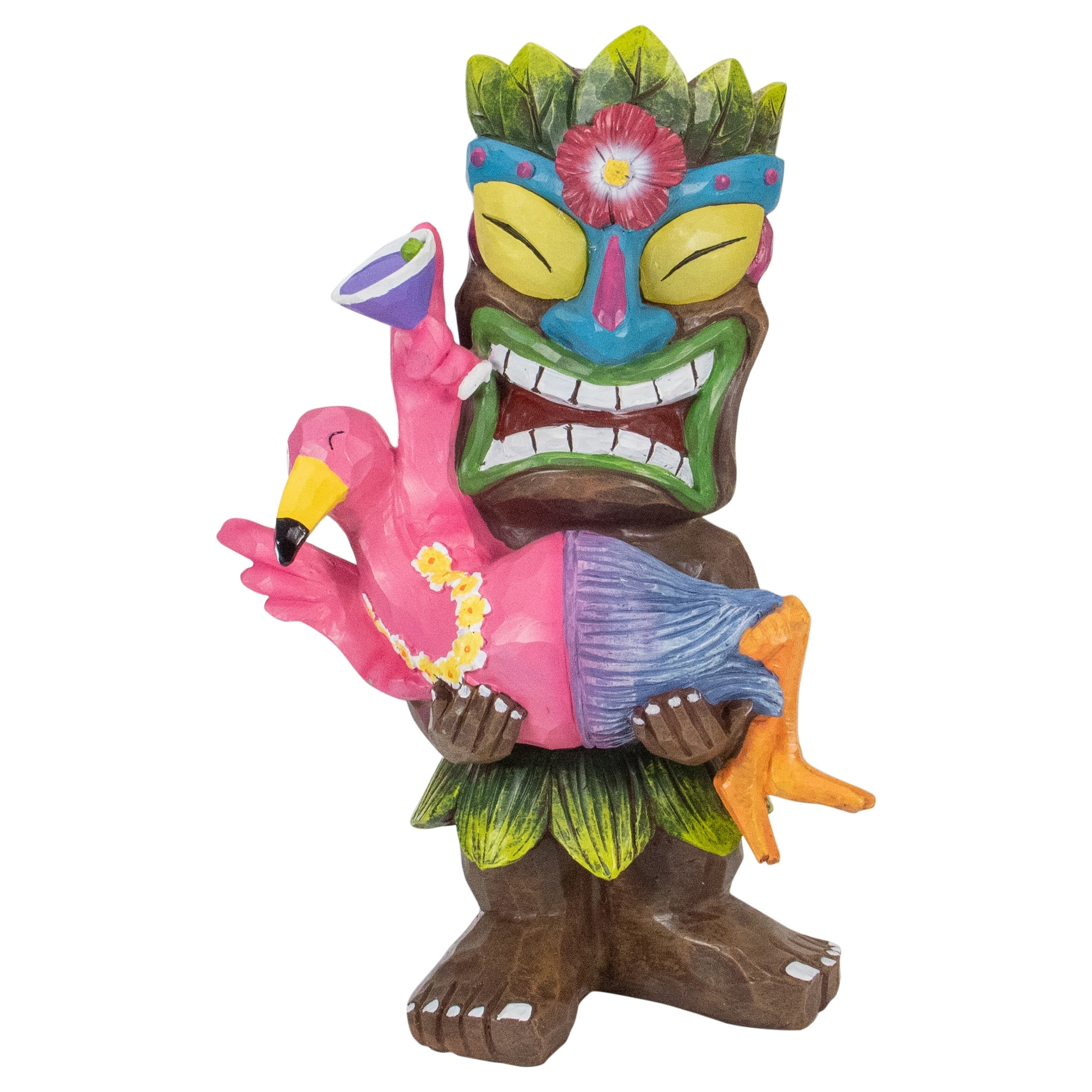 15" Solar Lighted Polynesian Outdoor Garden Tiki with Flamingo Statue