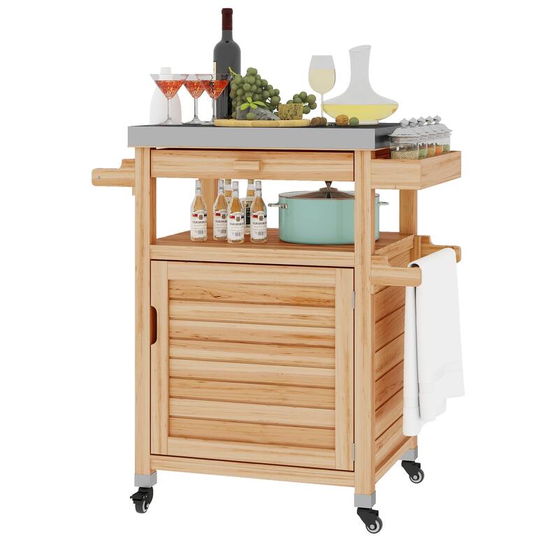 Moasis Solid Wood Grill Cart Outdoor Storage Cabinet Patio Bar Cart with Stainless Steel Top and Lockable Wheels