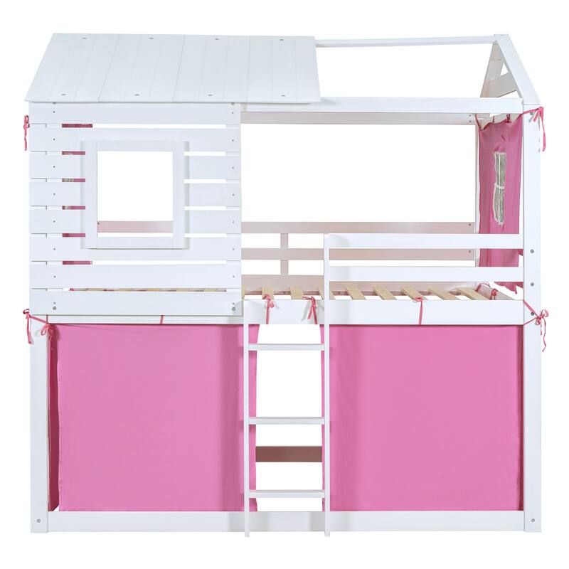 Pink+White Full Size Solid Wood House Bunk Bed with Tent, Ladder and Fence for Kids, Bedroom