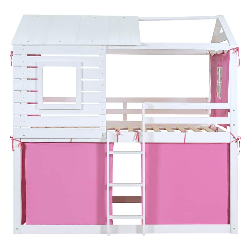 Solid Wood House Bunk Bed with Tent, Ladder and Fence for Kids, Bedroom