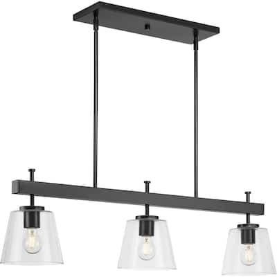Saffert Collection Three-Light New Traditional Matte Black Clear Glass Linear Island Chandelier Light