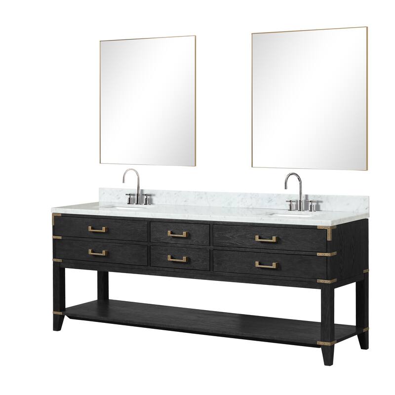 Lexora Norwalk Bath Vanity, Carrara Marble Top, Faucet Set, and Mirror