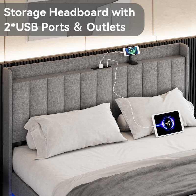 Modern Upholstered Floating Bed Frame with LED Lights