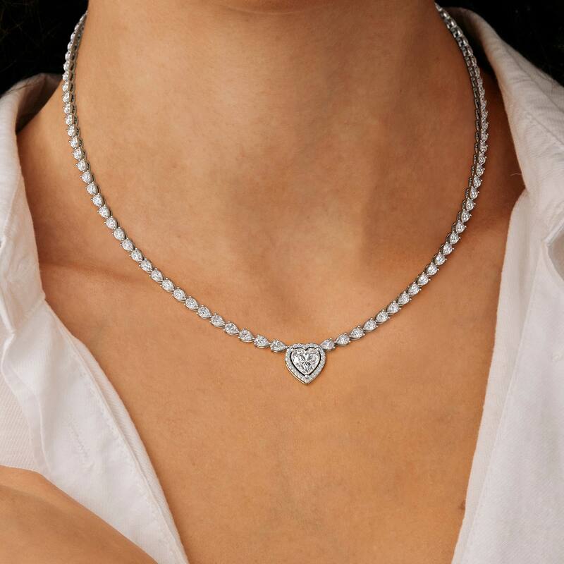 14K Gold Lab Grown Diamond Pear Cut Diamond Tennis Necklace & Halo Heart Pendant