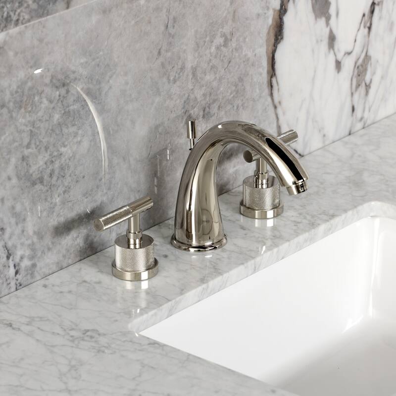 Kingston Brass Convergent Two-Handle 3-Hole Deck Mount Widespread Bathroom Faucet with Knurled Handle and Brass Pop-Up Drain