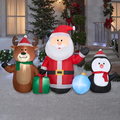 Gemmy Christmas Inflatable Santa, Reindeer and Penguin Trio, 4.5 ft Tall