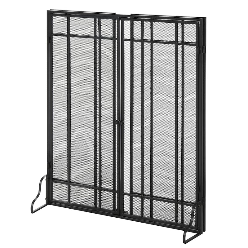 HOMCOM 3-Panel Metal Mesh Screen Fireplace with Foldable Steel Spark Guard and Magnetic Doors, Black