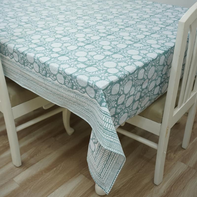 Fabdivine Floral Cotton Table Cover or Cloth Handmade Block Print for Dining & Home Décor Accent - 72"X120" - Rajat- Greyish Turquoise