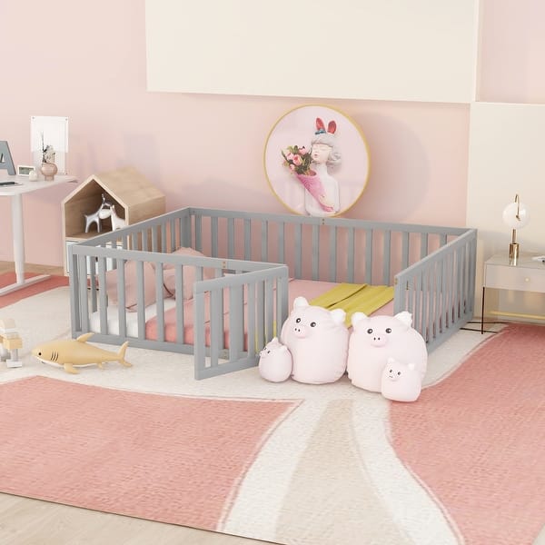 slide 2 of 7, Gray Solid Pine Wood Floor Bed with Fence and Door, Full Size, Safe and Fun Sleeping and Play Space Gray