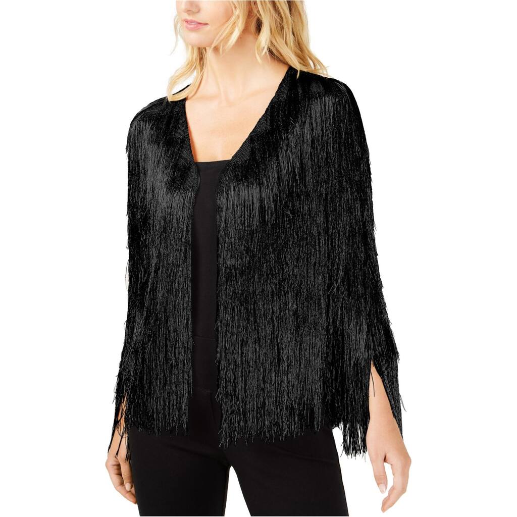 Rachel Zoe Womens Metallic Fringe Cardigan Sweater,, Black, Small