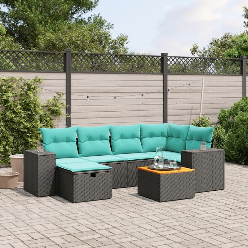 vidaXL Patio Sofa Set with Cushions Outdoor Furniture 7 Piece Poly Rattan - Black without storage - 24.4" x 24.4" x 27.2"