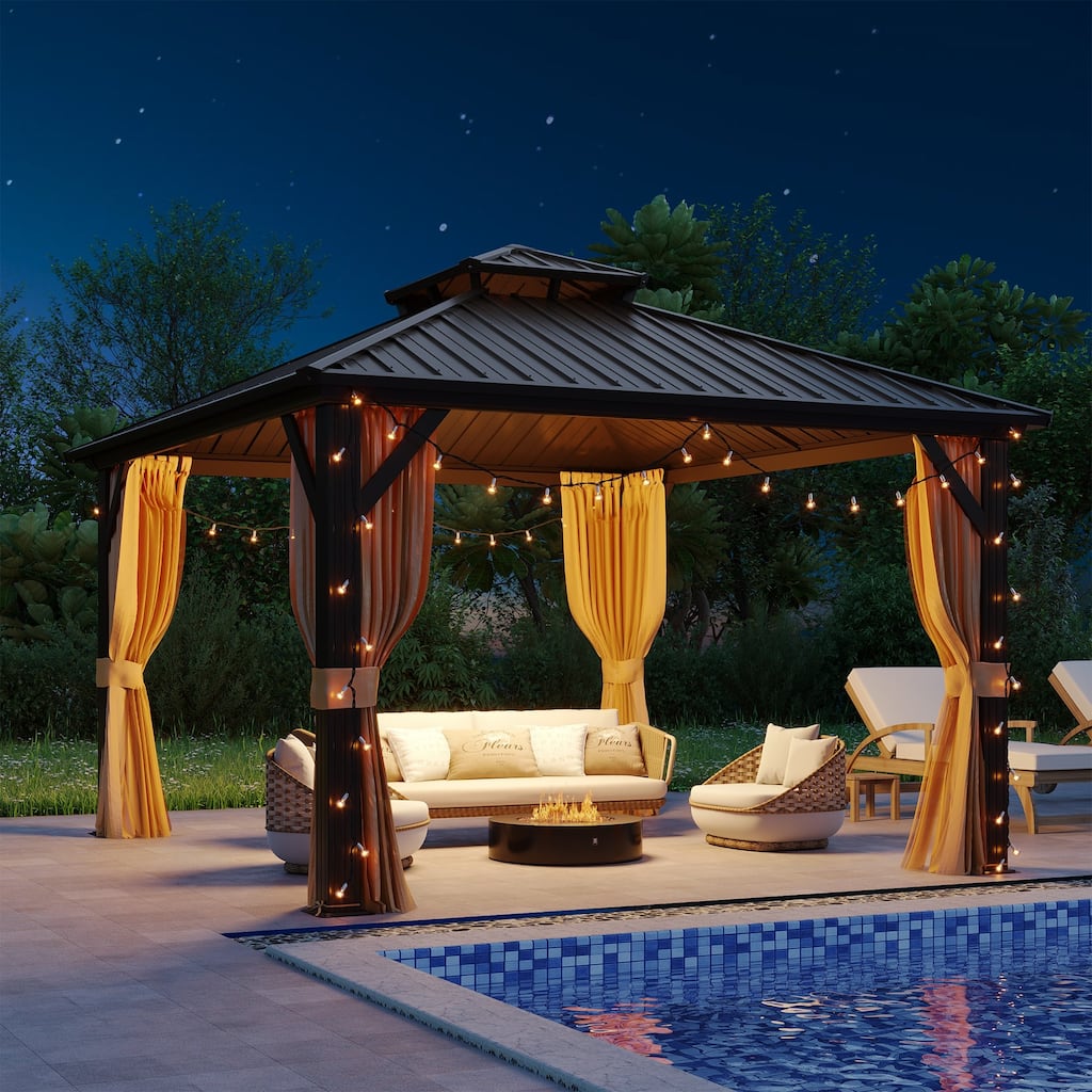 Outdoor Hardtop Gazebo with Galvanized Steel Roof, Aluminum Frame, and Curtains/Netting for Privacy and Insect Protection