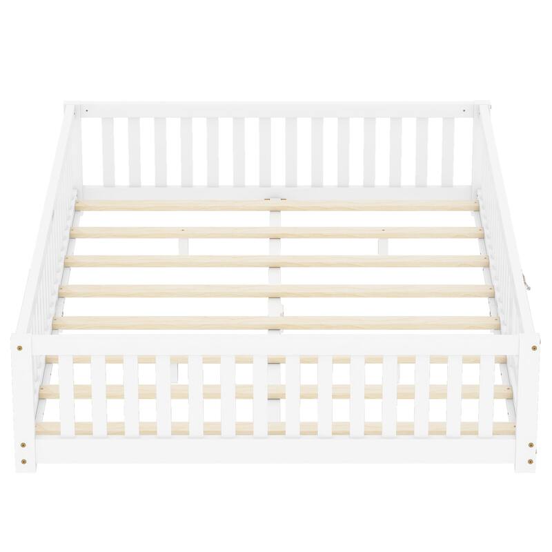 Queen Size Pine Wood Floor Bed with Safety Guardrails and Door