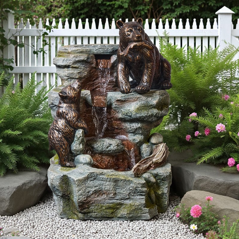 Vbal 3-Tier Outdoor Fountain with 2 Climbing Bears – Polyresin Rainforest Water Feature with Weather-Resistant